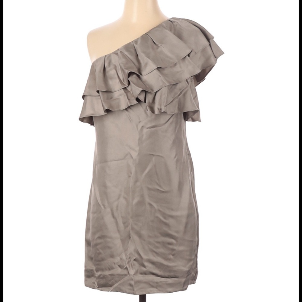 Banana Republic Tan Brown Silk Ruffle One Shoulder Dress